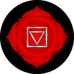 Red flower with triangle inside of a square representing the Root Chakra