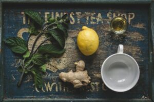 tea tray with lemon, mint and ginger