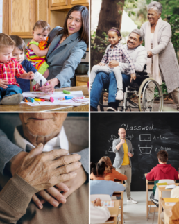 collage of caretakers, mom, teacher, spouse, grandparent, home health worke