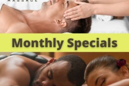 two different photos of couples getting massages