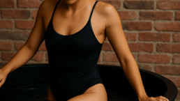 Athletic woman stepping into the Cold Plunge at Elixir Mind Body Massage