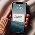 Woman holding her phone that has a reminder asking "what are you grateful for today?"