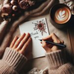 woman writing a thank you note in a fall setting with cafe latte