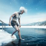 Frozen man dipping his toe into a cold lake