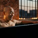 Older smiling man enjoying the benefits of a cold plunge at Elixir Mind Body Massage