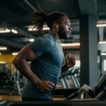 Fit man running on the treadmill in a gym