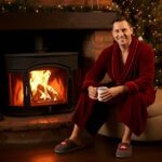 MAn enjoying hot tea by fireplace in robe and slippers