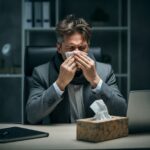 Man in a suit in his office blowing his nose and looking ill