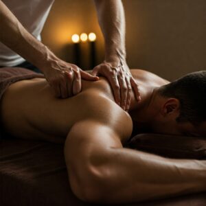 An athletic man getting a deep tissue monthly massage at Elixir Mind Body Massage with his new Wellness Membership