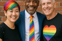Young woman with rainbow colored hair with man in suit with rainbow tie and guy in a t-shirt with a rainbow heart